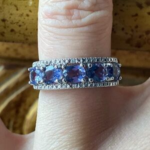 Natural Tanzanite White Diamond Sterling Silver Ring Size 6